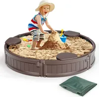 GOPLUS 120cm Sandkasten Rund Sandbox, HDPE mit 3 Sitzen Abnehmbare, Wetterbeständige Sandkiste mit Oxford Unterlage & Abdeckung Garten