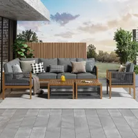 Flieks Lounge Gartenmöbel Sets 6 Teilig, Balkonmöbelset Terassenmöbelset 7 Personen, Gartensofa mit Gartenstuhl Gartentisch, Gartengarnitur Grau