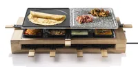 Bestron XL Bambus Raclette Grill, elektrisches Party-Raclette-Grill für bis zu 8 Personen, mit Naturgrillstein- & antihaftbeschichtete Grillplatte, inkl. großes Pfännchen-Set, 1.500 Watt, Farbe: Schwarz/ Bambus