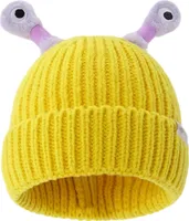 Niedliche Strickmütze mit Augen, verschleißfest, einfarbig, LED-Leuchten, lustiger Cartoon, warme Wintermütze