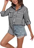 ASKSA Damen Bluse Langarm Streifen Knöpfen Hemd Oberteile Baumwolle Leinen V-Ausschnitt Casual Lose Shirts, Schwarz, XL