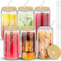 sada 6 sklenic na pití s víčkem a brčkem ze skla 550 ml,skleničky na dlouhé nápoje,skleněné pohárky v plechovce