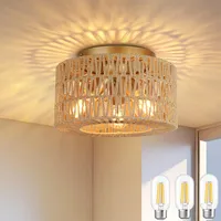 Deckenlampe Boho 3 Flammig Deckenleuchte Vintage mit Rattan Lampenschirm Hängelampe E27 Fassung für Wohnzimmer Esszimmer Schlafzimmer Küche Flur