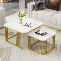 Merax 2er Set Couchtisch mit Marmormuster und Metallrahmen, Beistelltisch hochglänzend, Satztisch Beistelltisch Kaffeetisch, 70x70x45 cm/45x50x36.5 cm