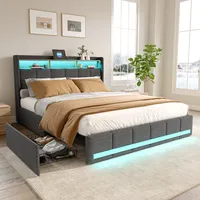 Polsterbett 140x200cm mit USB, Jugendbett Doppelbett mit Lattenrost und 4 Schubladen, Stauraumbett mit LED, Leinen, Grau