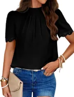 ASKSA Damen Chiffon Blusen Stehkragen Elegant Falten Puffaermel Tops Casual Business Tunika Oberteile, Schwarz, Groesse: L