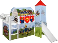 Kinder Hochbett mit Turm & Rutsche JELLE 3054 weiss mit Vorhang Feuerwehrmann Sam 200x90 cm