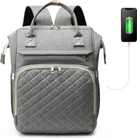 Přebalovací batoh, velký přebalovací batoh s multifunkčními kapsami pro miminko, USB portem pro nabíjení, popruhy na kočárek, 3 termokapsami na kojenecké lahve (světle šedá)