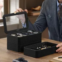 SONGMICS HOME Uhrenbox 3 Ebenen, 8 Fächer für Uhren, stapelbar, Polyurethanim Flechtlook