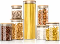 Arendo Vorratsgläser, Glasbehälter 7er Set mit Bambusdeckel & Silikondichtung, luftdicht, Borosilikatglas, spülmaschinengeeignet, verschiedene Größen, 565 ml bis 2350 ml