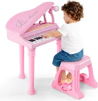 GOPLUS 31 Tasten Kinder Keyboard mit Hocker, Klaviertastatur mit Mikrofon, LED-Licht & MP3-Schnittstelle, E-Piano mit 3 Lehrmodi, 22 Demos, 4 Rhythmen (Rosa)