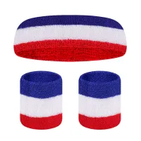Sport Schweißband Stirnband Armband Set, Schweißbänder Baumwolle Fitness Schutz, Atmungsaktiv Blau-Weiß-Rot