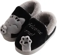ASKSA Maedchen Jungen Pluesch Baumwolle Hausschuhe Kinder Winter Warme Gefuettert weiche Pantoffeln mit Cartoon Katze rutschfeste Slippers Hause Indoor, Schwarz, Groesse: 18/19 EU