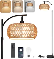 Dimmbare Stehlampe Wohnzimmer Rattan Stehlampe mit Fernbedienung App-Steuerung Boho Stehleuchte mit Rattan & Leinen Lampenschirm Vintage Standleuchte