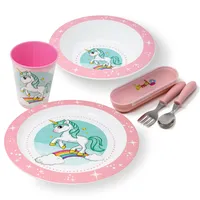 Kindergeschirr Set Einhorn - Kinder Geschirr Set mit Teller, Schüssel, Becher & Besteck - Geschirrset für Mädchen & Jungen - BPA frei