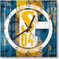 DEQORI Glasuhr 30x30 cm Zahlen 'Wappen Schalke 04' Wanduhr Glas Uhr Design leise Küchenuhr