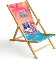 Kinder Holz-Liegestuhl Personalisierbar Klappbar Klappliegestuhl Sonnenliege Strandstuhl Wechselbezug Motiv Katze Chill [119]