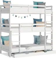 Homestyle4u Patrová postel 90x200 cm - dětská patrová postel s podnožkou, trojlůžko z bílého masivu