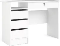Plus Schreibtisch mit 1 Regal, 3 kleinen Schubladen und 1 großen Schublade mit Schlüssel, weiß.