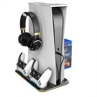 PS5 Ständer,PS5 Cooling Lüfter,PS5 Standfuß für Disc/Digital Edition Playstation-Halterung, Mit PS5 Controller Ladestation/Headset Halterung/6 Spiele