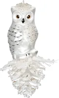 Christbaumschmuck Glas Schneeeule auf der Zapfen 12.5cm weiß