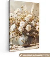 MuchoWow® - Leinwandbilder - Blumen - Vase - Stilleben - Beige, Wandbild, Wanddeko Bilder Wohnzimmer, 60x90 cm