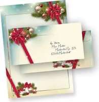 Briefpapier Weihnachten Set ROTE SCHLEIFE (25 Sets ohne Fenster) Weihnachtsbriefpapier mit Umschlag