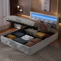 CDGlobal Polsterbett 140x200, LED Doppelbett mit Stauraum und Lattenrost, Kopfteil mit Staufach, Lattenrost, Hydraulisch Stauraumbett Rückenlehne Bettgestell,Beige