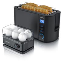 Arendo - Set Toaster MANHA mit Eierkocher SIXCOOK Edelstahl Schwarz, Toaster 4 Scheiben, LED-Display, 6 Bräunungsgrade, Brötchenhalter - Eierkocher 1-6 Eier, Messbecher