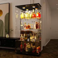 Glasvitrine, Vertikale Vitrine, Moderne Glas-Holzvitrine, 4-stufige Glasvitrine für Sammlerstücke, Bücher, Wein, Büro, Wohnzimmer, Küche,  Licht