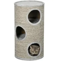 PawHut Kratztonne, Höhe 70 cm, Spieltonne für Katzen, 3 Ebenen, Katzenkratzbaum mit 3 Höhlen, Katzenbaum, Kratzturm aus Sisal, Katzenmöbel, Plüsch, Grau