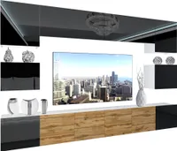 BELINI Wohnwand Vollausstattung Wohnzimmer-Set Moderne Schrankwand mit LED-Beleuchtung Weiß Glänzend Anbauwand TV-Schrank Schwarz / Wotan Eiche Glänzend/Matt
