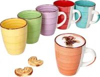 6tlg Kaffeebecherset Uni bunt groß Kaffee Becher Kakao-Milch rund 350ml Steingut Tafel Frühstück