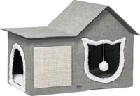 PawHut Katzenhöhle, Katzenhaus mit Kratzfläche, Katzenhütte mit Doppeltüren, Kuschelhöhle mit Kissen, Katzenbett mit Spielball, Polyester, Grau, 65 x 41 x 45,5 cm