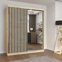 Schwebetürenschrank Kleiderschrank Schrank 183 cm Artisan/Artisan mit Spiegel und mit schwarzen Holzlamellen Werona