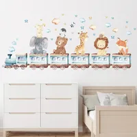 Wandtattoo mit Waldtieren,Elefant,Bär,Giraffe,Fuchs,Löwe im Zug mit Wolken und Sternen,Wandsticker für Kinderzimmer