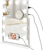 Lustro HOMCOM Hollywood z oświetleniem, lusterko do makijażu z 12 diodami LED, 3 kolory światła, obrotowe lusterko do makijażu 360° z portem ładowania USB
