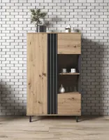 Bettso Vitrinenschrank Vitrine Glas Glasvitrine Kommode mit 2 Türen für Wohnzimmer auf Schwarzbeinen MADIS Eiche Braun mit Schwarze Lamellen