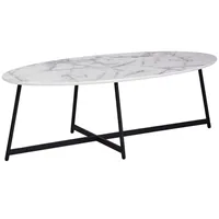 WOHNLING Design Couchtisch Oval 120x60 cm mit Marmor Optik Weiß, Wohnzimmertisch mit Metall-Beine Schwarz, Großer Beistelltisch