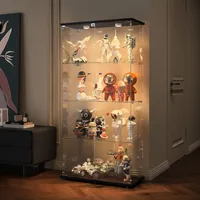 Fortuna Lai Glasvitrine Standvitrine,4 Lagen Glas Vitrine Vitrinenschrank,2 Türen,LED Lampe Und Schloss mit Spiegelrückwand Glasvitrine Stehend,Wohnzimmerschrank für Sammlerstücke und Bücher