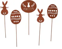 UNUS® Gartenstecker Frohe Ostern (2 Hasen, 2 Eier , 1 Schild) Rostopitk 5er Set Osterdeko Frühlingsdeko