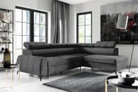 Wohnlandschaft Ecksofa Livorno Samt Grau Anthrazit mit Bett Bettkasten Kopfteilverstellung Bett Sofa Schlafsofa Ottomane rechts