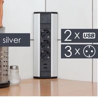 DELIGHT - Eckeinbausteckdose mit 2x USB und 3 Steckdosen - Silber mit Schwarz