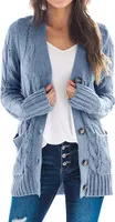 ASKSA Damen Strickjacke Strickpulli Langarm mit Taschen Knopf Pullover Casual Einfarbig Strickmantel, Blau, XL