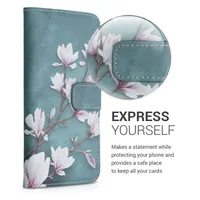 kwmobile Wallet Case kompatibel mit Samsung Galaxy A50 Hülle - Cover mit Ständer und Kartenfächern - Magnolien Taupe Weiß Blaugrau