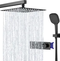 HOMELODY Schwarz Unterputz Duschsystem, Duschset mit 38℃ Thermostat Regendusche Duschsystem Eckig, Duscharmatur Dusche 25cm Kopfbrause Anti-Verbrühungs-Duschsystem, Messingkörper