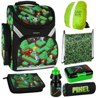 Pixel Game Schulranzen ergonomischer Ranzen Federmappe Turnbeutel Trinkflasche Brotdose Regenschutz 7er Set. Geeignet ab der ersten Klasse der Grundschule