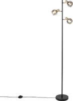QAZQA - Art Deco Art Deco Stehleuchte I Stehlampe I Standleuchte I Lampe I Leuchte schwarz und Gold I Messing mit Rauchglas 3-Licht - Vidro I Wohnzimmer I Schlafzimmer - Stahl Länglich - LED geeignet