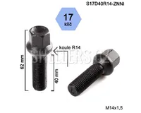 Kolový šroub M14x1,5x40 koule R14, klíč 17, S17D40R14-ZNNI; černý, výška 62