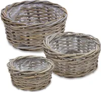 Pflanzschale aus Rattan im 3er Set - 30 / 26 / 21 cm - Blumentopf mit Folie ausgekleidet - Garten Deko Pflanztopf Weidekorb  Blumenkorb Pflanzkorb Flechtkorb für Blumen